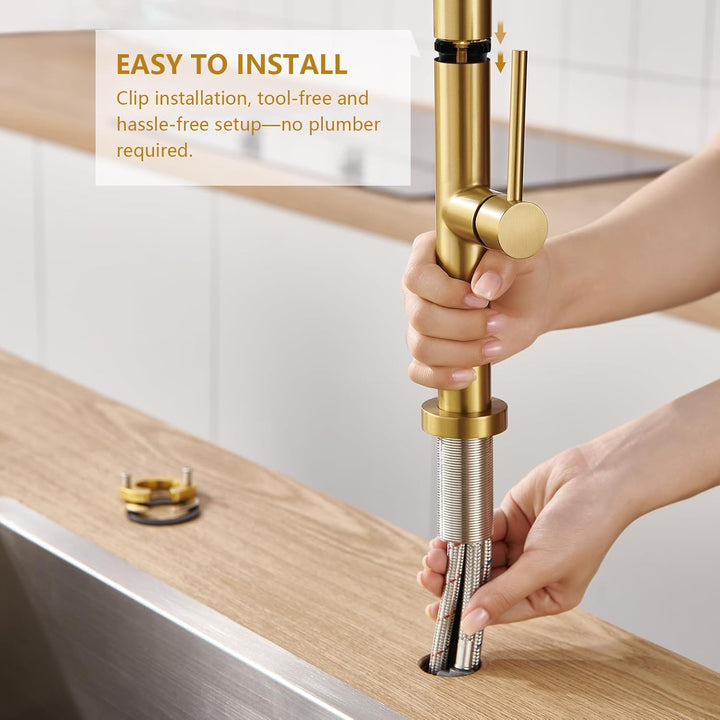 Wasserhahn Küche Gold, Hochdruck Küchenarmatur mit Herausziehbarer Brause, Hoher Bogen Armatur, Misc