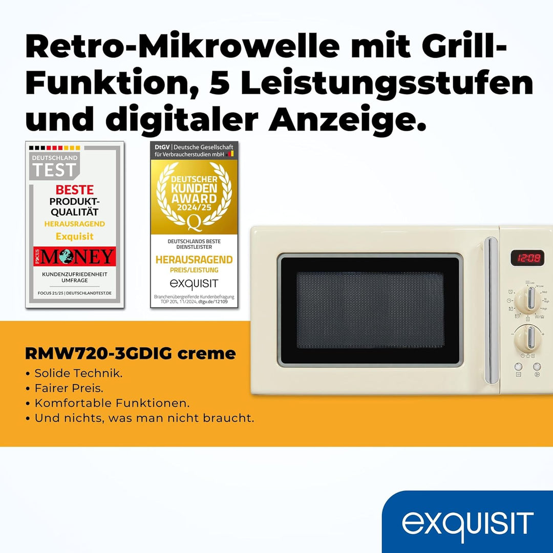 Exquisit Retro Mikrowelle RMW720-3GDIG creme | 20 Liter | 1000 Watt Grill | Digitale Anzeige | Creme