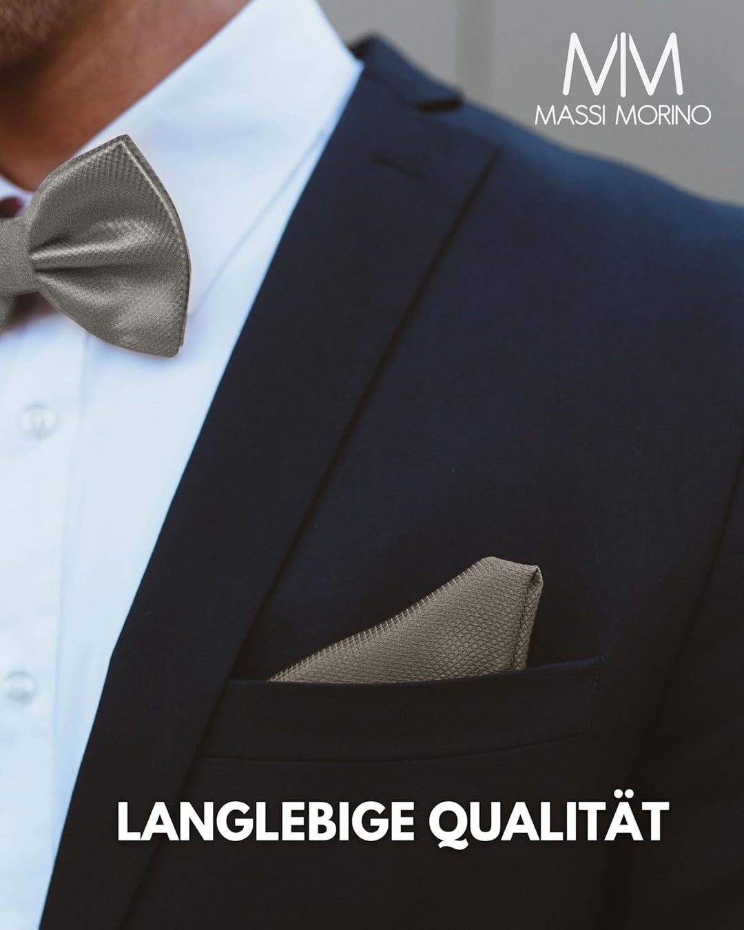 Massi Morino Fliege mit Einstecktuch für Herren Set - Anzug Herrenfliege zur Hochzeit - Verstellbare