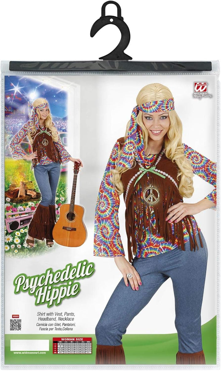 "PSYCHEDELIC HIPPIE WOMAN" (shirt with vest, pants, headband, necklace) - (M), M