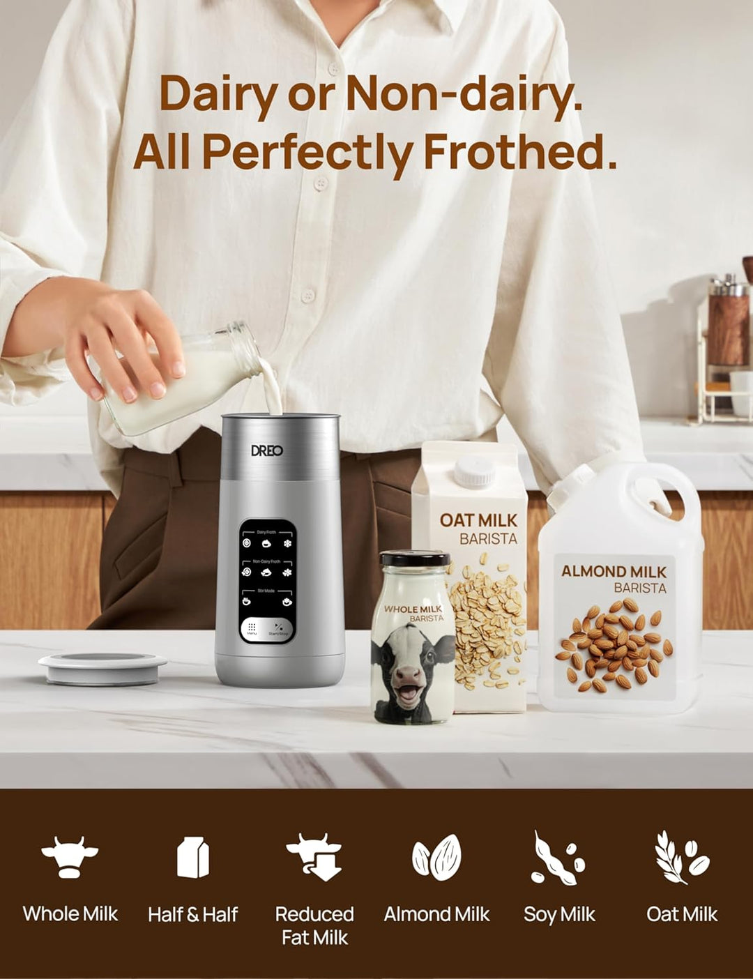 DREO Milchaufschäumer, 8-in-1 Milchschäumer Elektrisch für Latte, Cappuccino, heisse Schokolade mit