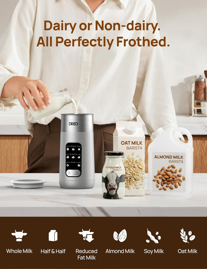 DREO Milchaufschäumer, 8-in-1 Milchschäumer Elektrisch für Latte, Cappuccino, heisse Schokolade mit