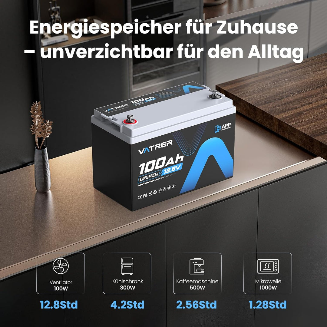 12V 100AH Bluetooth LiFePO4 Lithium Batterie mit 100A BMS 5000 Zyklen Lithium Akku 1280W Abschaltsch