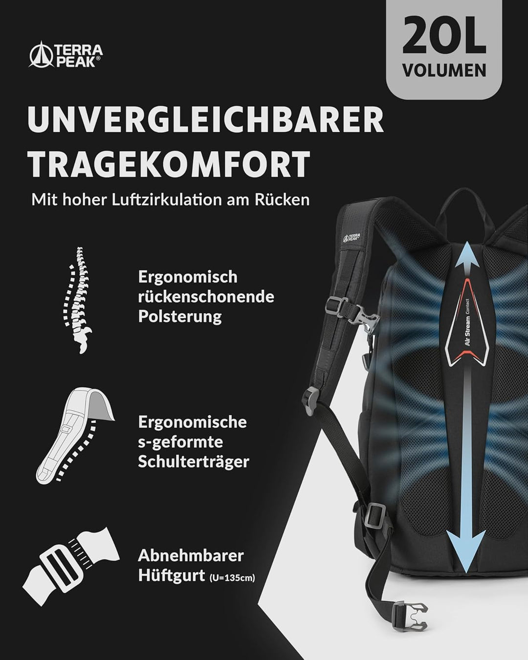 Terra Peak Wanderrucksack 20L Flex 20 Premium (klein) mit Rückenbelüftung, Trinksystem & Regenschutz