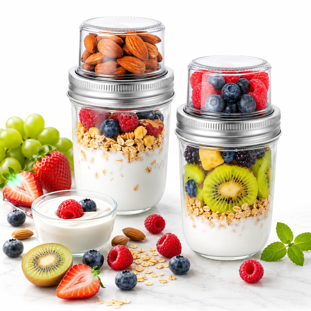 Müslibecher To Go mit Löffel, 2er Joghurtbecher to Go Becher Müsli 600ml+270ml Overnight Oats Gläser