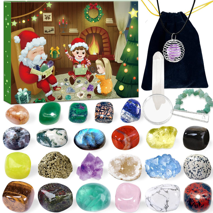 Edelstein Adventskalender, Weihnachts Countdown Kalender 2023, 24 Stück Natürliche Kristalle, Edelst