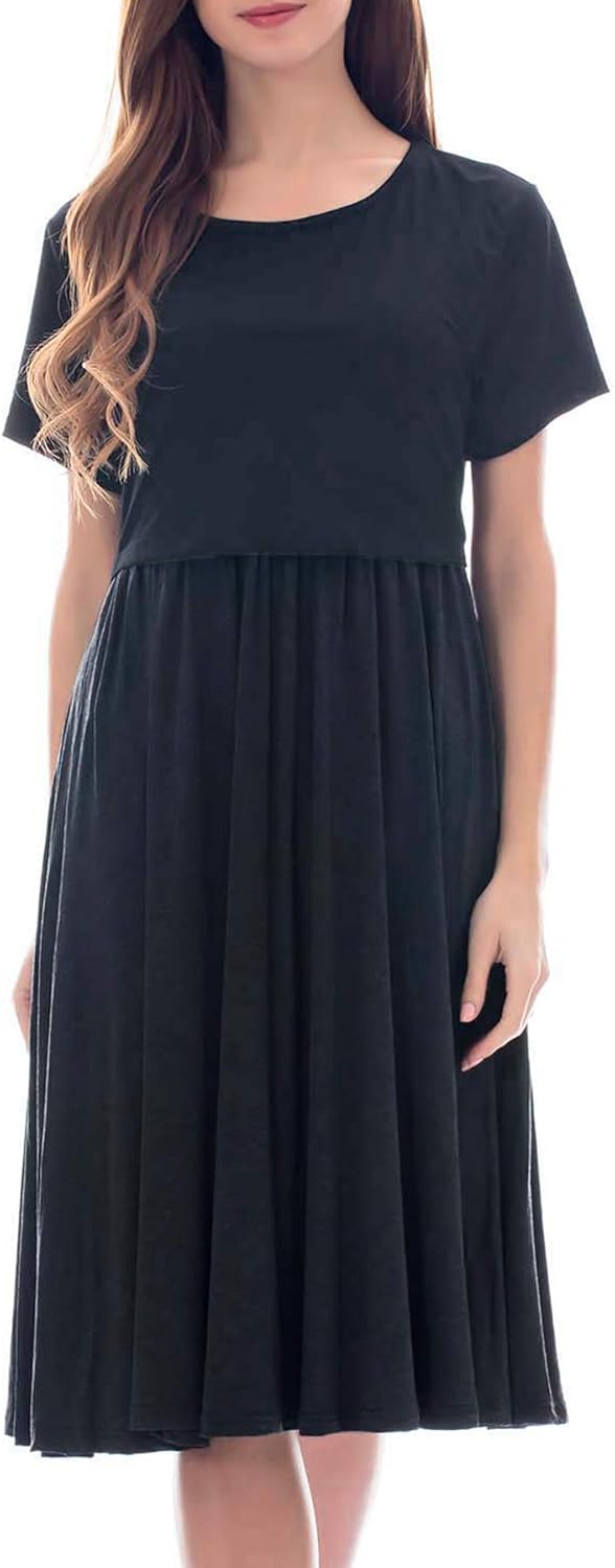 Smallshow Damen Lässiges Kurzarm Stillkleid Umstandskleid für Stillen Schwarz(solide) M, Schwarz(sol