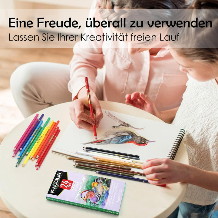 KALOUR PDAS 24 Farbkohlestifte, Zeichenset, Premium-Qualität, Pastellkreidestifte, hautfarben, zum Z