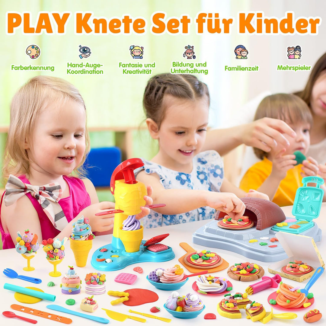 PLAY 2 in 1 Knete Set Zubehör Kitchen Creations, DIY Knete Eismaschine Pizzaofen, 37 Pcs Kinderknete