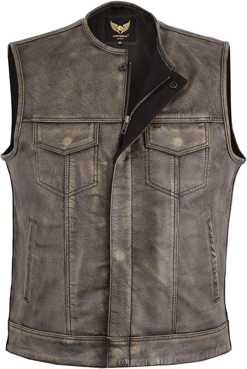 Leatherick Herren Vintage Braun Biker Leder Weste kragenlosen Stil ausgezeichneten Look (5XL- EUR66)