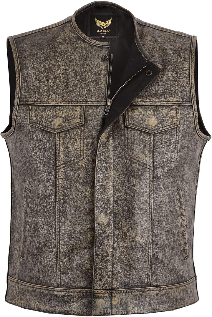 Leatherick Herren Vintage Braun Biker Leder Weste kragenlosen Stil ausgezeichneten Look (S- EUR46) 4