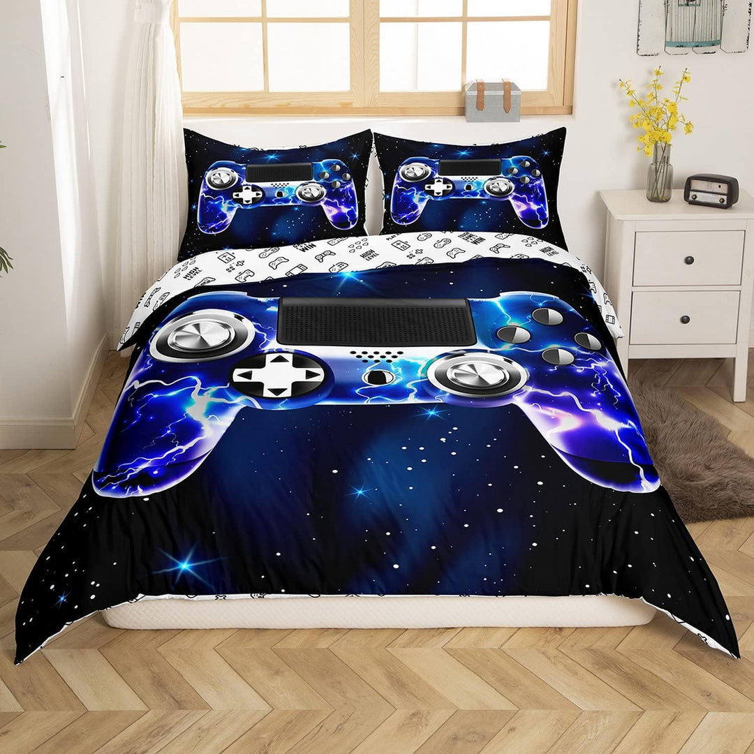 Loussiesd Galaxy Gamepad Bettwäsche Set Lila Lightning Design Gamepad Bettbezug Set für Jungen Video