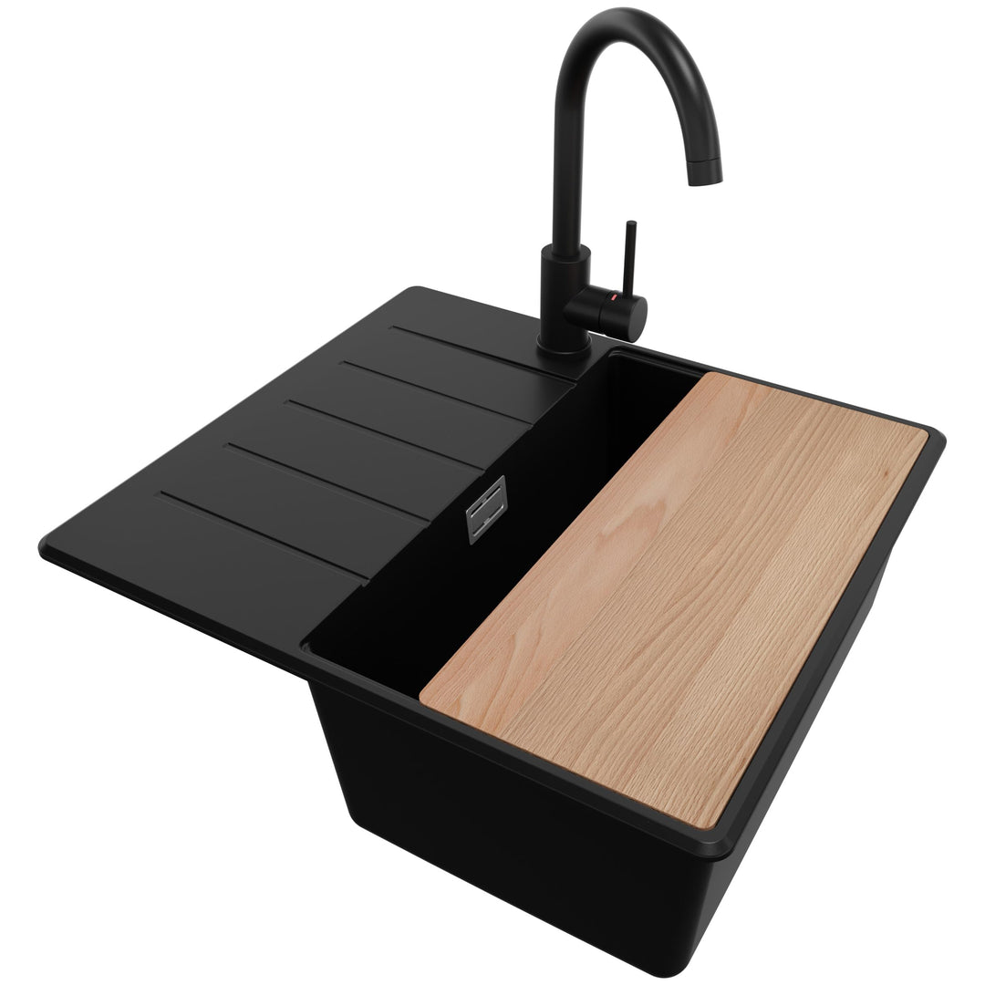 Granitspüle Schwarz 55x50cm, Spülbecken 1 Becken + Ablauf-Set + Küchenarmatur + Schneidebrett, Küche