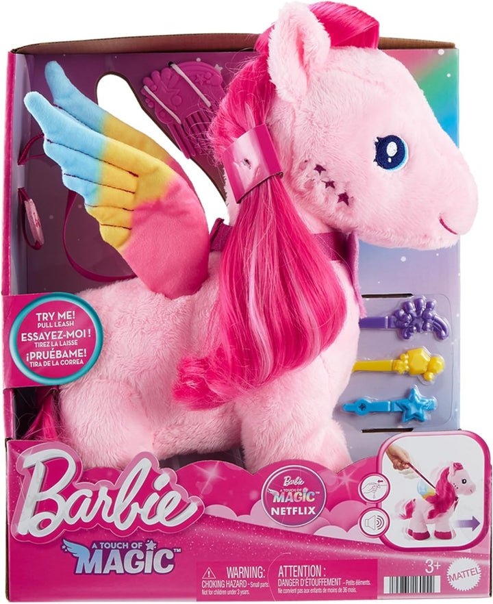 BARBIE Touch of Magic - Gehender und flatternder Plüschpegasus mit Leine, Schmetterlingstaste zum Ab
