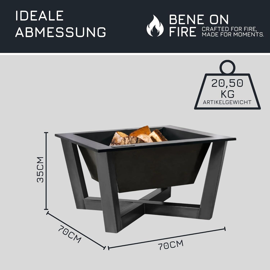BENE ON FIRE Feuerschale 70x70 cm quadratisch Nevada | Feuerkorb aus robustem Stahl | Grosse Feuerst