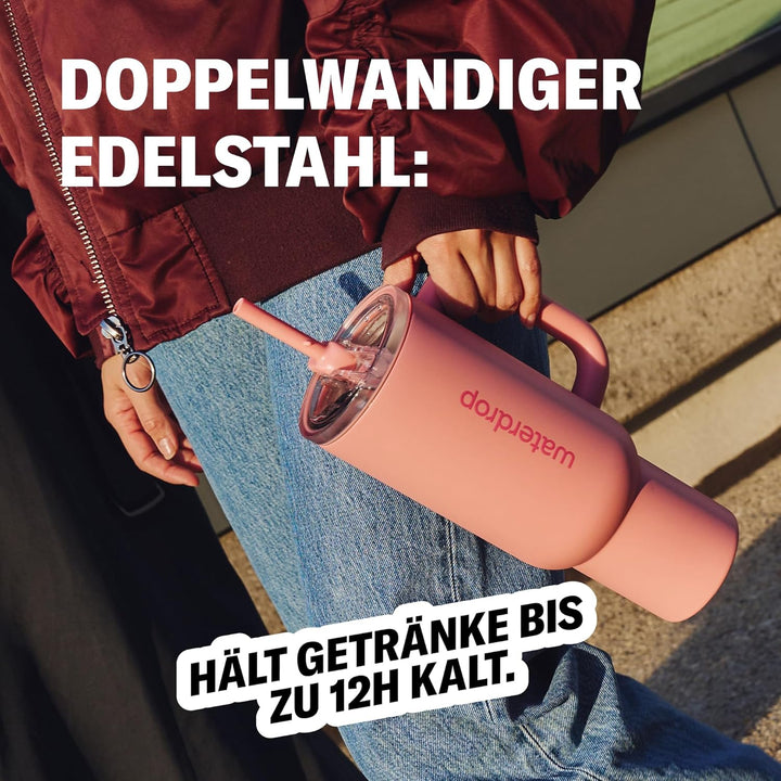 waterdrop® Thermobecher mit Strohhalm 1,1L – Auslaufsichere, robuste Trinkflasche mit aufklappbarem