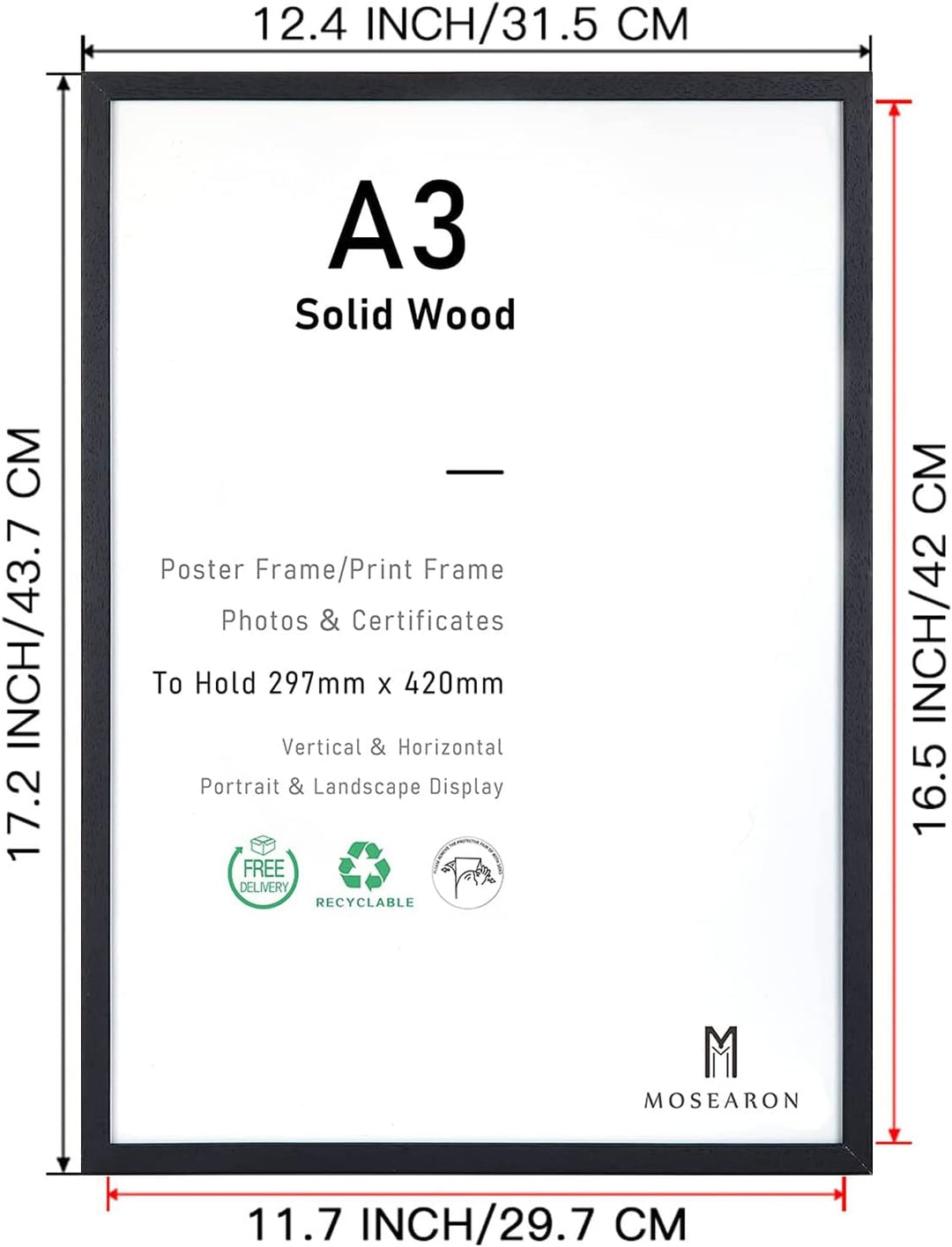 A3-Zertifikat-Bilderrahmen, 3er-Pack schwarzer Holz-Bilderrahmen mit Plexi-glass für Wandmontage-Dis