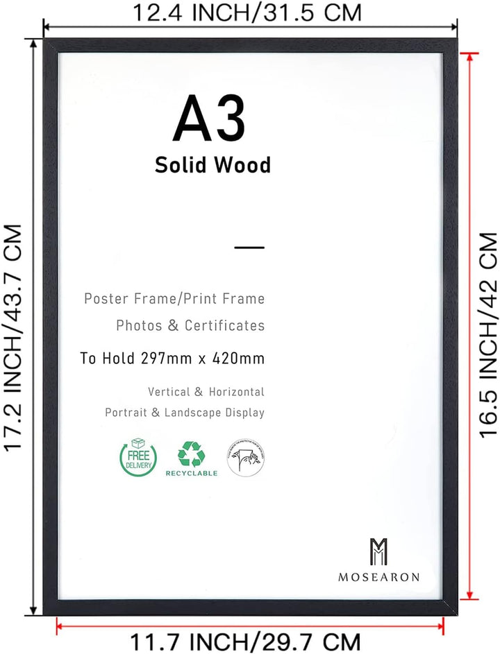A3-Zertifikat-Bilderrahmen, 3er-Pack schwarzer Holz-Bilderrahmen mit Plexi-glass für Wandmontage-Dis