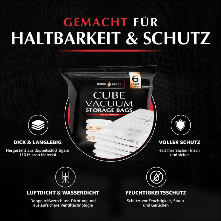 GENIE SPACE Vakuumbeutel - 6er Pack, Gross, 80x60x32cm | Starke platzsparende Packwürfel | Luftdicht