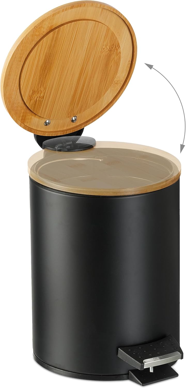 Relaxdays Mülleimer Bad, 3 l, Kosmetikeimer Absenkautomatik, Bambusdeckel, entnehmbarer Inneneimer,