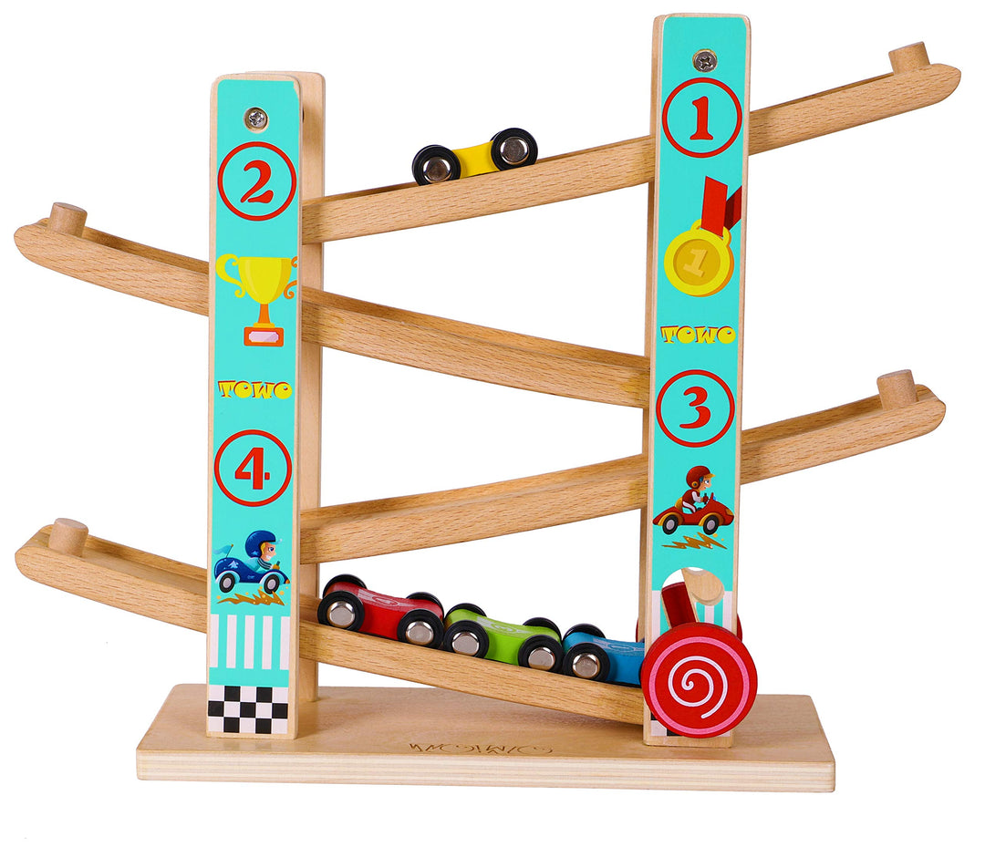 Towo Reines Holz Car Rampe - Zick-Zack-Auto-Rutschbahn mit 4 Holzautos Spielsets-Click Clack Track H