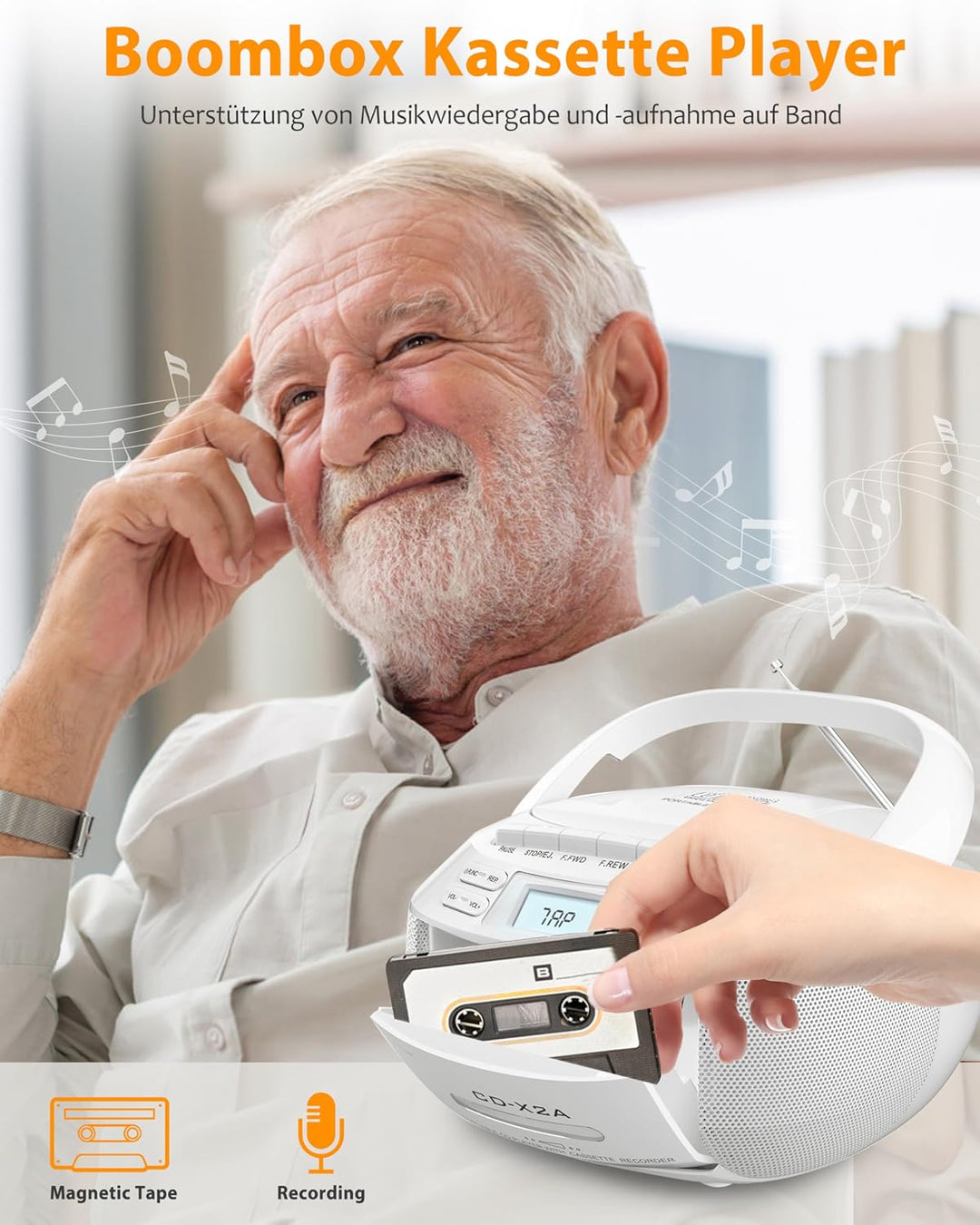 Greadio Boombox CD Player Tragbar, Kassettenspieler mit Bluetooth, FM Radio mit Fernbedienung, AUX-/