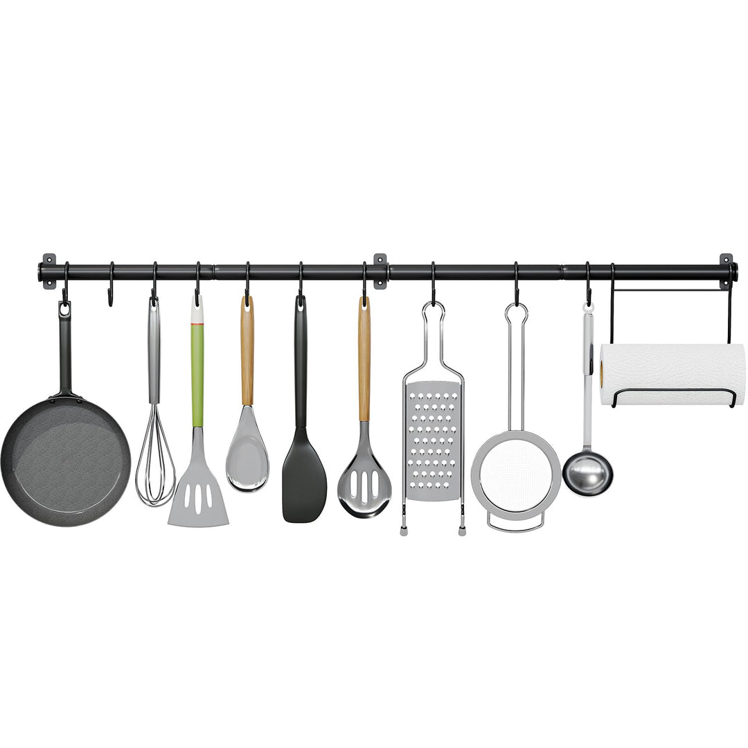 KINGRACK Küchenhalter, Hängeleiste mit 10 beweglichen S Haken, 110CM x 1, Schwarz, Stahl, Modern, 22