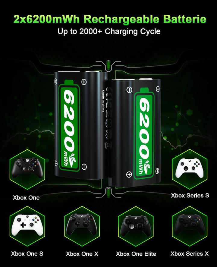 2 * 6200mWh Akku für Xbox One X|S/Xbox Series X/Xbox Series S, 28 Stunden Spielzeit Wiederaufladbare