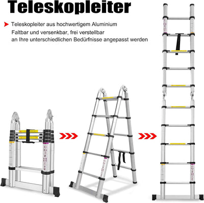 TRMLBE Teleskopleiter Klappleiter 3,8 m Ausziehleiter Leiter Ausziehbar Aluminium mit Stabilisator u