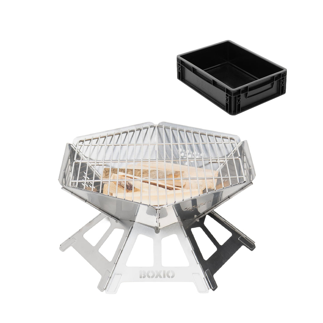 BOXIO - FIRE: Edelstahl Feuerschale mit Grillrost - Oktagon Feuerstelle Outdoor & Camping Grill, Kle