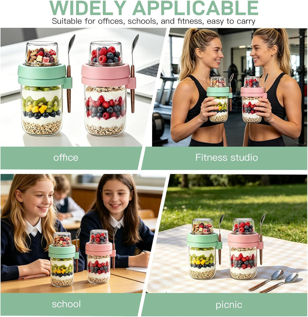 Müslibecher to Go mit Löffel,Joghurtbecher mit Toppingbehälter 480ml + 120ml,Overnight Oats Glas, Au