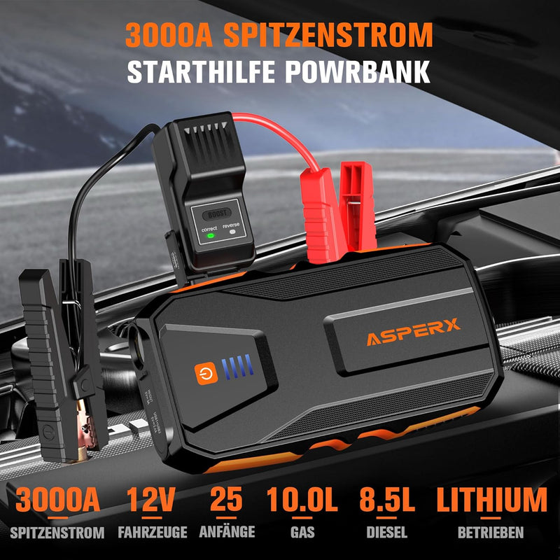 ASPERX Starthilfe Powerbank 3000A 12V(Bis Zu 10,0L Benzin oder 8,0L Diesel) Auto Starthilfe mit LED