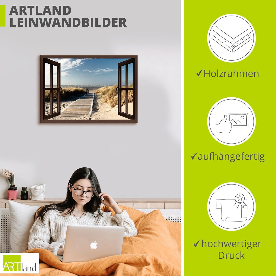 Artland Leinwandbild Wandbild Bild auf Leinwand 70x50 cm Wanddeko Fensterblick Fenster Strand Meer M