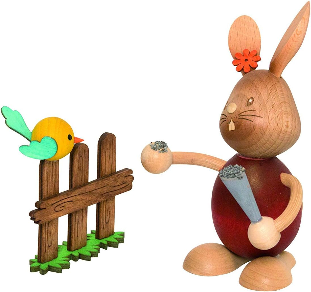 Drechslerei Kuhnert - Osterdekoration / Osterhase - Stupsi Hase mit Vogel - 12cm - aus Holz - Made i