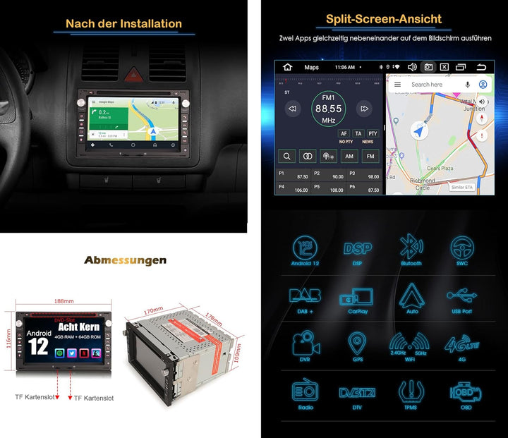 Erisin 8-Kern 4GB+64GB Android 12 Autoradio Bluetooth mit GPS Navigation Für VW T5 Passat Polo Jetta