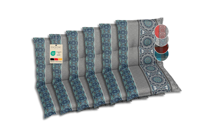 Bequeme und attraktive Polsterauflagen für Niederlehner-Gartenstühle (6er-Set, Ornamentstreifen blau