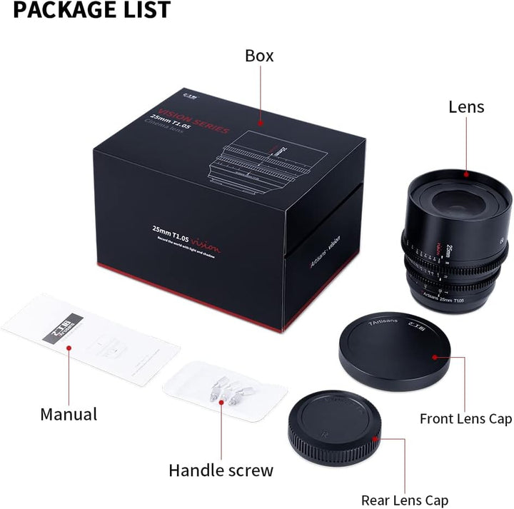 7artisans 25 mm T1.05 Cine Objektiv mit grosser Blende, manueller Fokus, geringe Verzerrung, Mini-Ki