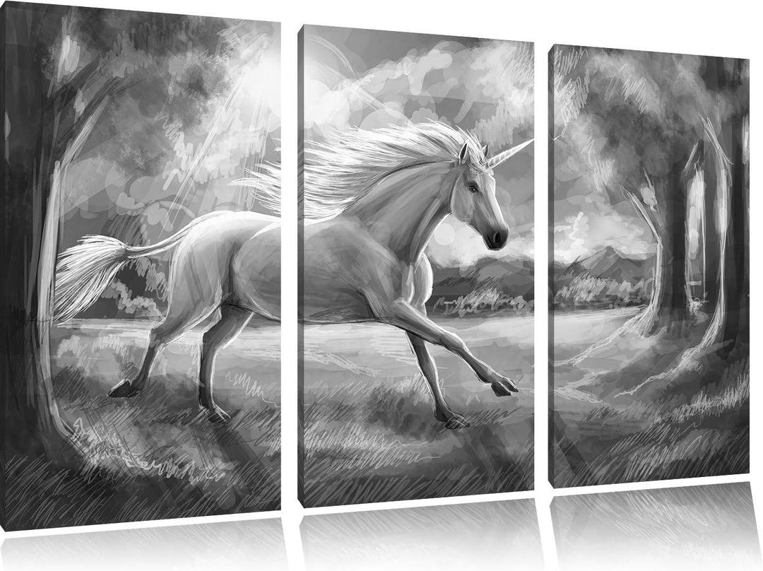 Pixxprint Einhorn im Wald bei Sonnenuntergang Kunst B&W 3-Teiler Leinwandbild 120x80 Bild auf Leinwa