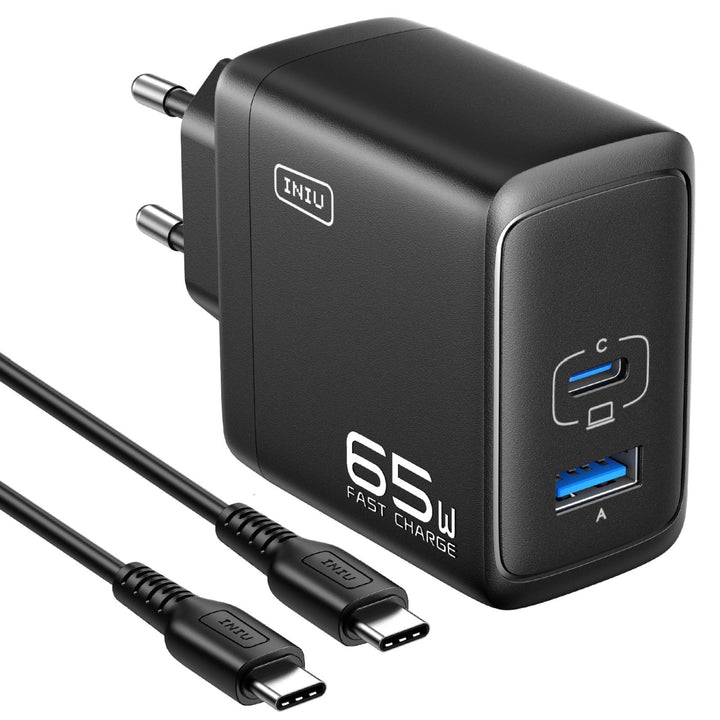 INIU 65W USB C Ladegerät, GaN Ⅱ 2-Port USB C-USB A Netzteil Steack Adapter GaN II Tech Schnellladege