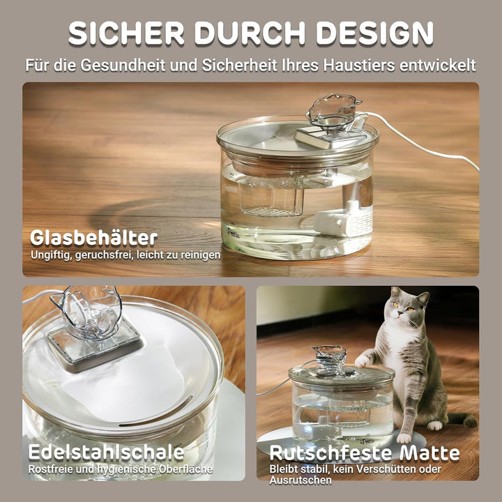 iPettie G01 Glas Katzenbrunnen, Trinkbrunnen für Katzen und Hunde 2L/68oz mit 2 Sprühaufsätzen, 3-st