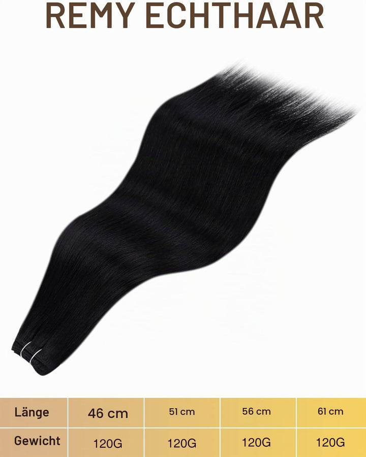 Hetto Extensions Tressen Echthaar Sew in Echthaar Tressen Extensions 40cm Schwarz Tressen Extensions