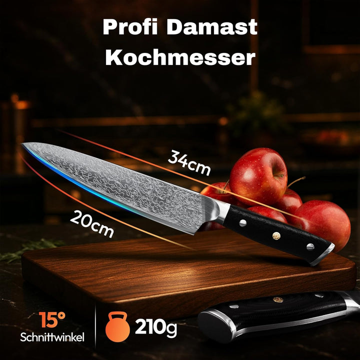 Damastmesser Profi Kochmesser 20cm-Klinge 67 Lagen Damaststahl, Japanisches Kochmesser extrem scharf