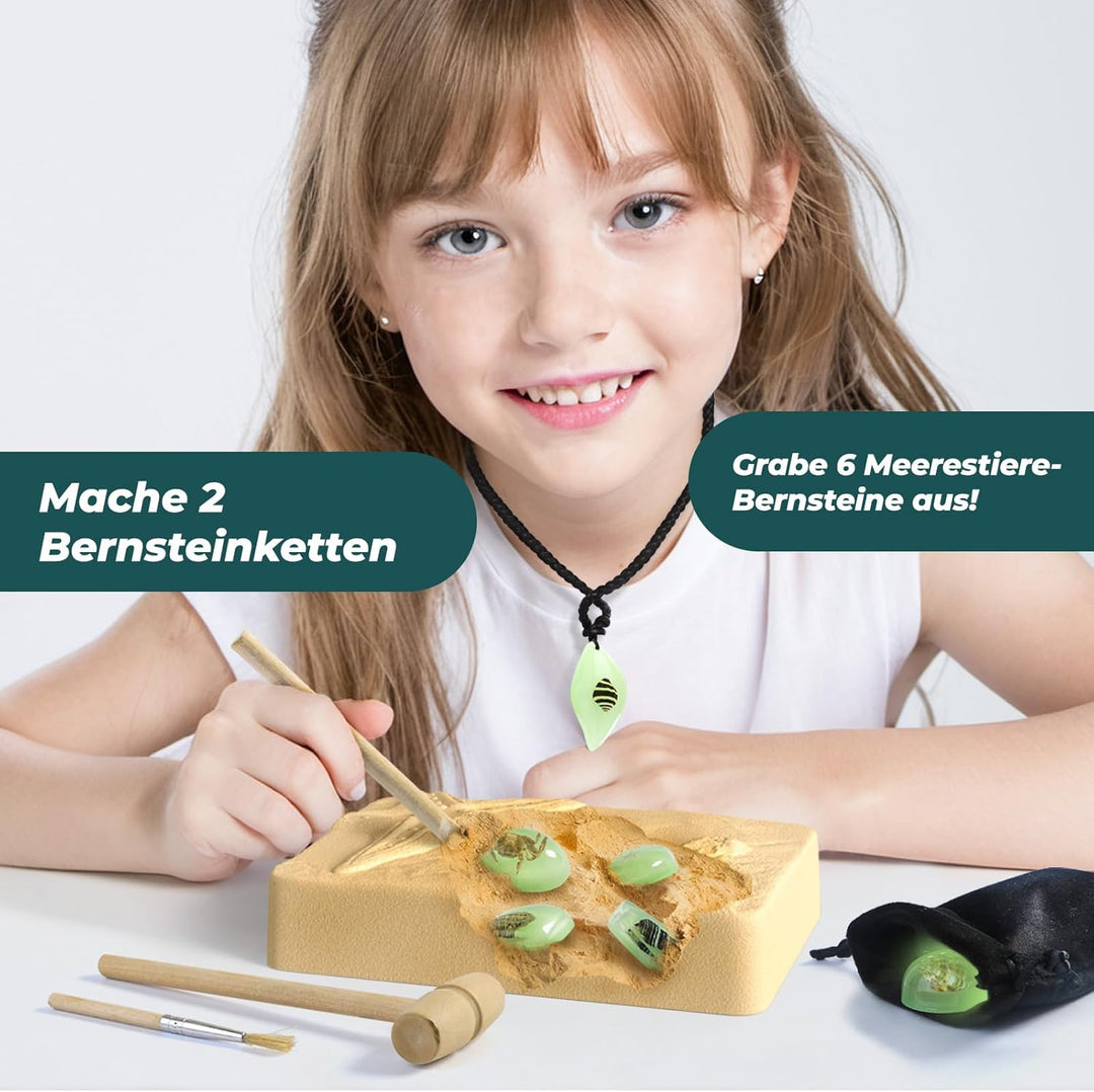EDUMAN Bernstein Ausgrabungsset für Kinder ab 6 7 8 9 10 11 12 Jahren, Bernstein mit echten Meeresor