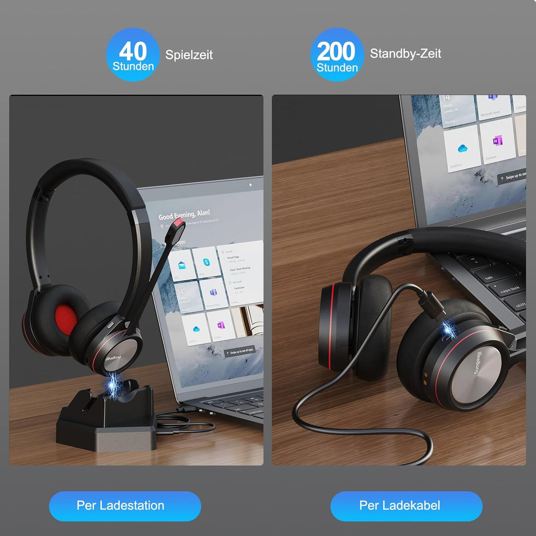 Bluetooth Headset mit Mikrofon Noise Canceling, Wireless Headset mit Ladestation & USB Dongle für PC