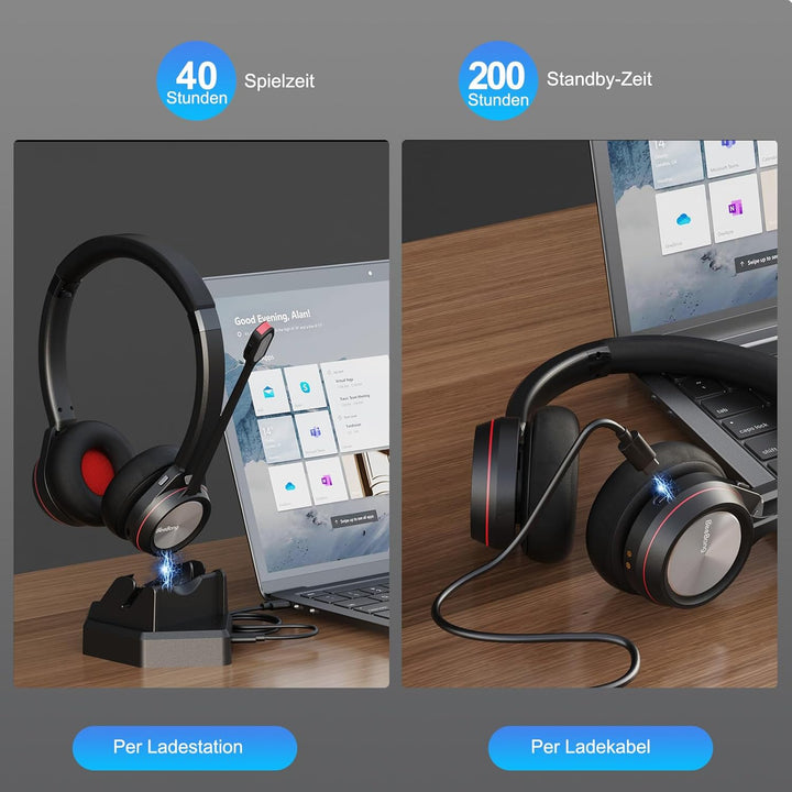 Bluetooth Headset mit Mikrofon Noise Canceling, Wireless Headset mit Ladestation & USB Dongle für PC