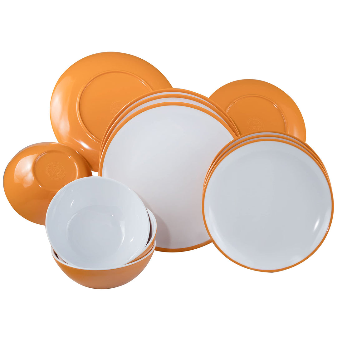 Camping Geschirr Set aus Melamin für 4 Personen 12 Teile gelb weiss elegant 12 Teile - Geschirr, 12