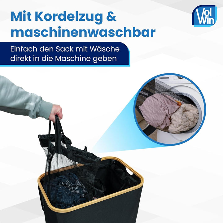 Wäschekorb schwarz 140L – Faltbar & mit Deckel – 2 Fächer + 3 Wäschesäcke & 2 Waschnetze – Aus Oxfor