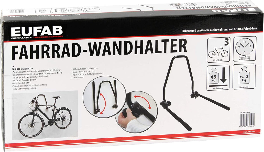Eufab 16404 Garagen-Wandhalter 3 Fahrräder, (B x H) 550 mm x 550 mm Wandhalter für 3 Fahrräder, Wand
