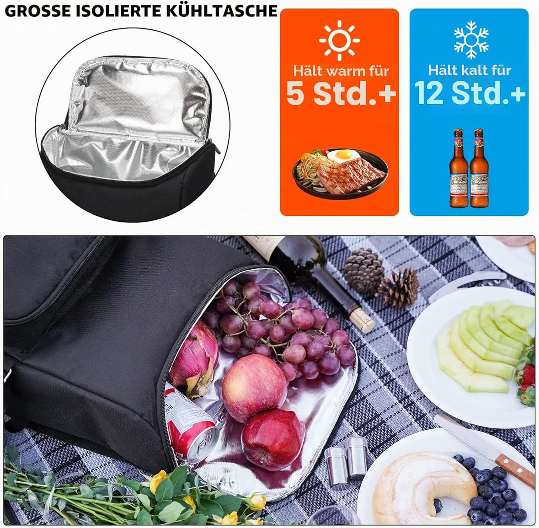 Picknick-Rucksack für 4 Personen mit grosser isolierter Kühltasche, Picknickkorb-Set mit Weinbeutel,