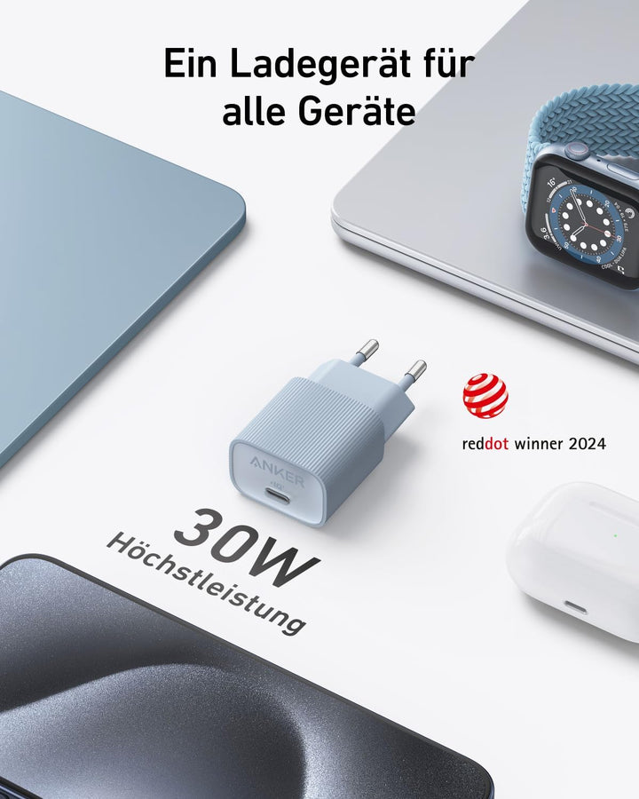Anker Nano USB C Netzteil, 30W High-Speed USB C Ladegerät, PIQ 3.0 und PPS Schnellladeleistung, Komp
